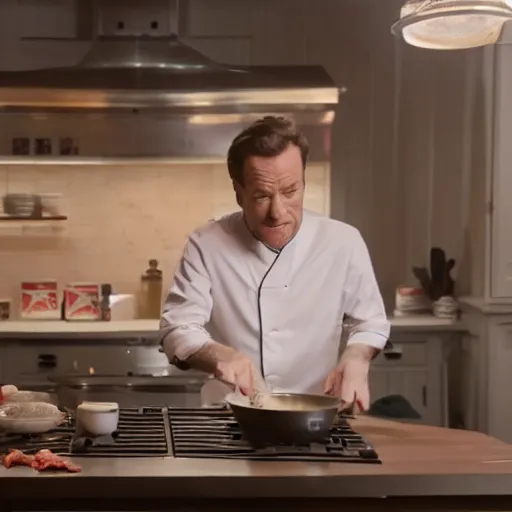 Image similar to bryan cranston cooking up a nice bacon cabonara pasta in the kitchen, cinematic lighting, hd 4 k photo