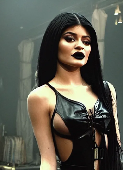 Prompt: film still of kylie jenner as a gothic vampire in the movie the lost boys