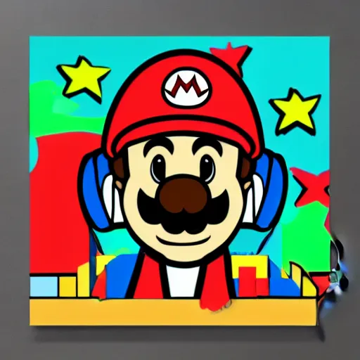 Image similar to svg sticker of a Pop-Wonder SuperMario, Mario-Wearing-a-red-hat, at a rave, spinning records, giant headphones rocking out, wearing headphones, huge speakers, dancing, rave, DJ, spinning records, digital art, amazing composition, rule-of-thirds, award-winning, trending on artstation, featured on deviantart