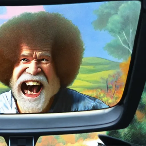 Image similar to bob ross screaming bad trip of acid in car rear view mirror