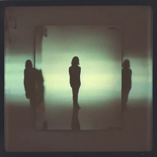 Image similar to polaroid of a dream, silhouettes, reflection, double exposure, high contrast