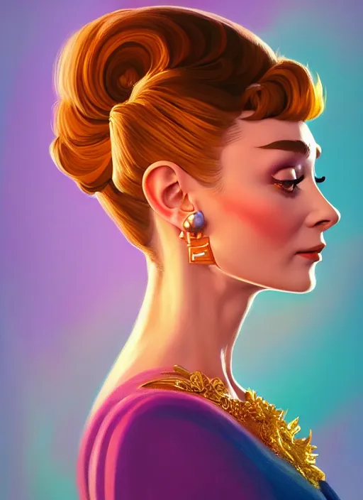 Prompt: side profile centered painted portrait, audrey hepburn as golden fairy, d & d, gloomhaven, matte painting concept art, art nouveau, beautifully backlit, swirly vibrant color lines, fantastically gaudy, aesthetic octane render, 8 k hd resolution, by ilya kuvshinov and cushart krentz and gilleard james