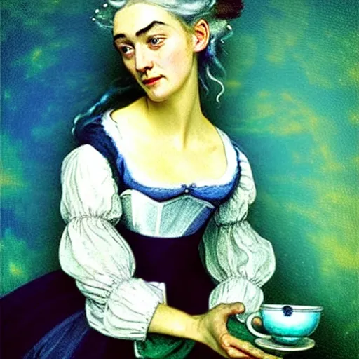Prompt: A 18th century, messy, silver haired, elf princess, looks like young Kate Winslet, dressed in a , wedding dress, is drinking a cup of tea. Everything is underwater! and floating. Greenish blue tones, theatrical, high contrasts, fantasy water color, inspired by John Everett Millais's Ophelia