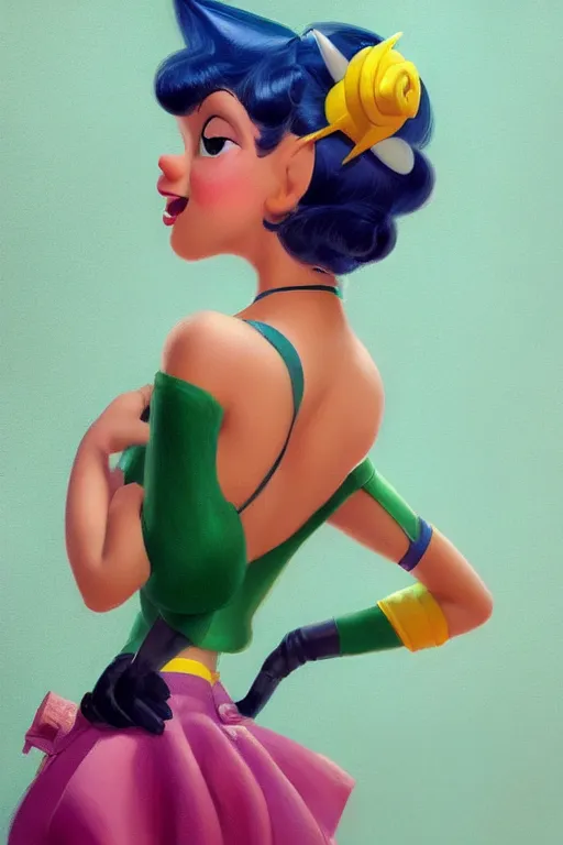 Image similar to a cute pixar character inspired by gil elvgren, vivid colors, high details, cinematic, 8k resolution, beautiful detailed, photorealistic, digital painting, artstation, concept art, smooth, sharp focus, illustration, fantasy background, artstation trending, octane render, unreal engine