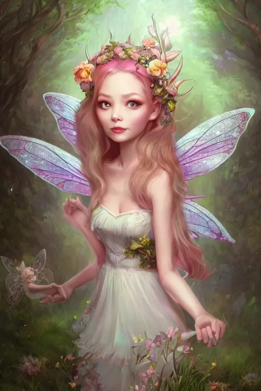 Image similar to a cute fairy in the dreamy forest, fantasy, 8 k resolution, hyper detailed, d & d, character design, digital painting, trending on artstation, sharp focus, illustration, art by artgerm, steve zheng, fuji choko, viktoria gavrilenko, hoang lap