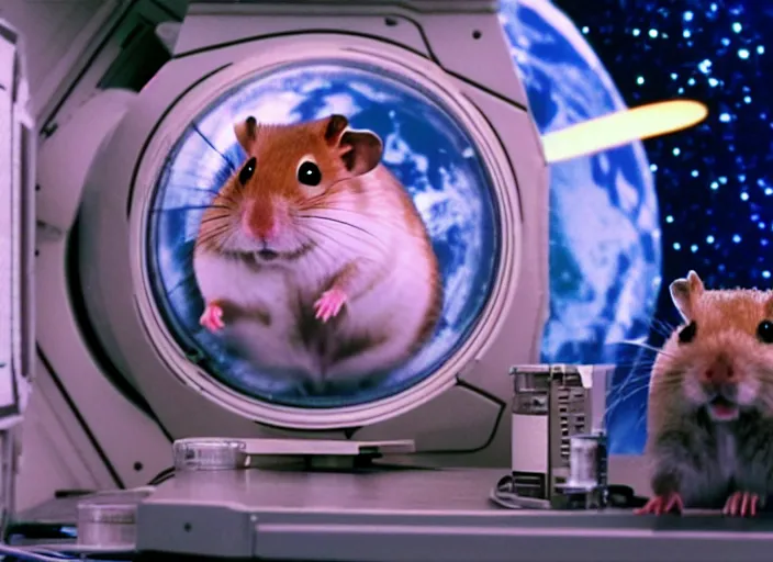 Image similar to film still of a hamster working for mission control at nasa, 8 k