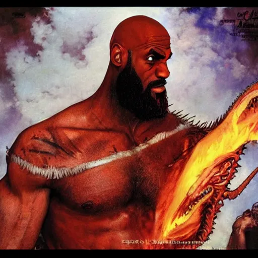 Image similar to a detailed rendition of kratos as lebron james riding a gigantic fire breathing dragon, art by norman rockwell