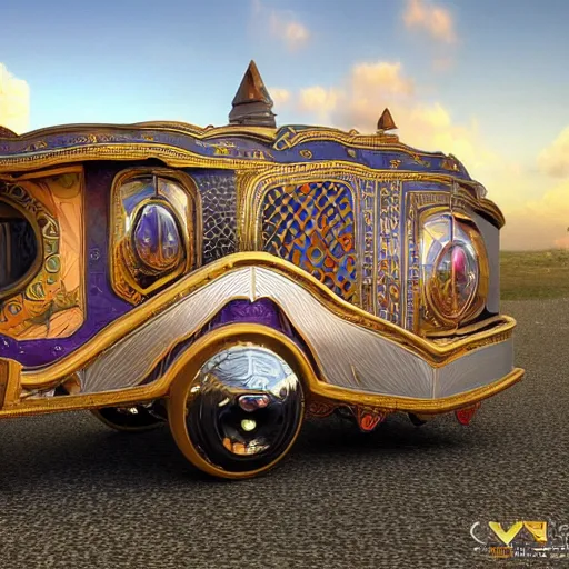 Prompt: a futuristic neo - gypsy caravan, decorated polished wood, lace and velvet and silk material, volume light, hyper realistic highly detailed 4 k