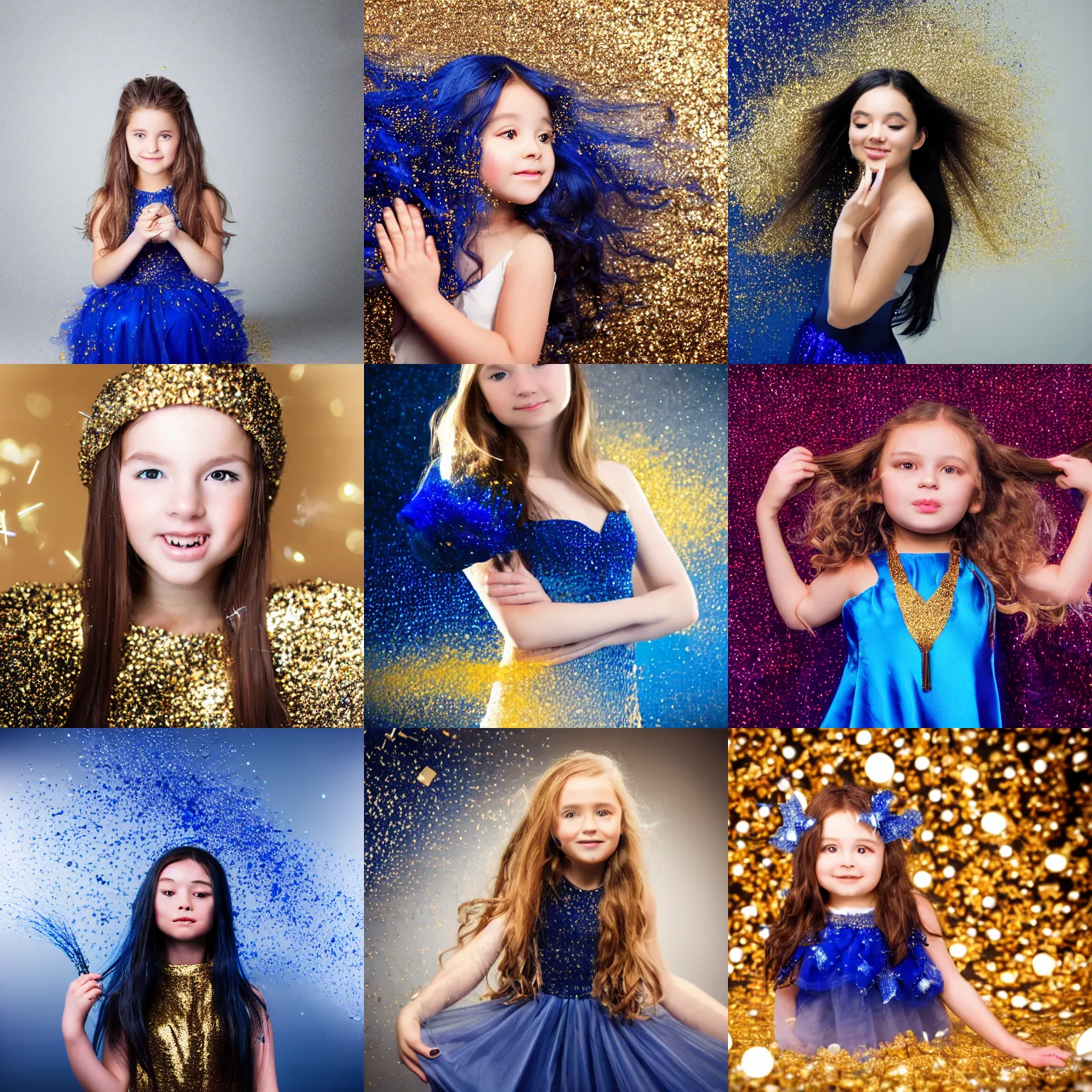 Prompt: sapphire girl with gold particles and long hair in a professional photo studio