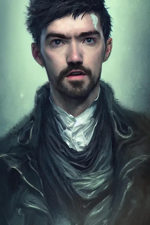 Image similar to a fancy portrait of Seán William McLoughlin, jacksepticeye by Greg Rutkowski, Mitchell Mohrhauser, Maciej Kuciara, Johnson Ting, Maxim Verehin, Peter Konig, Bloodborne,8k photorealistic, cinematic lighting, HD, high details, atmospheric,