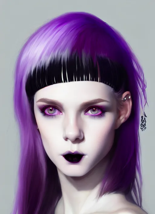 Image similar to portrait of white teenage girl, normal face, black bangs, mall goth, cyberlox, black and white hair, bangs, fluffy bangs, red contacts, purple lipstick, intricate, elegant, highly detailed, digital painting, artstation, concept art, sharp focus, smooth, illustration, art by wlop, mars ravelo and greg rutkowski