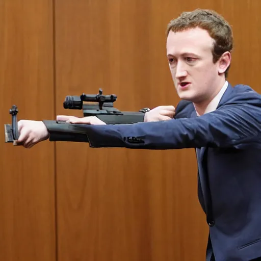 Prompt: mark zuckermedvedev demonstrating ar 1 5 rifle on his trial testimony