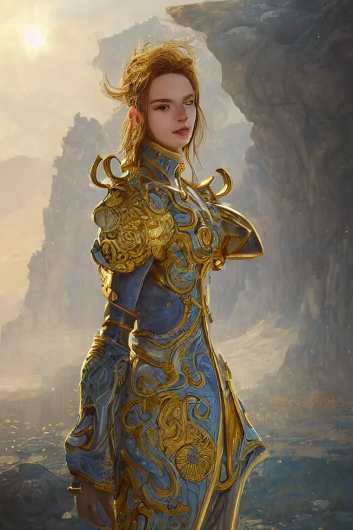 Image similar to portrait knights of Zodiac girl, Chinese Blue and white porcelain color reflected armor, in ruined Agora of Athens, ssci-fi, fantasy, intricate, very very beautiful, elegant, golden light, highly detailed, digital painting, artstation, concept art, smooth, sharp focus, illustration, art by tian zi and WLOP and alphonse mucha