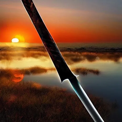 Image similar to a floating sword in front of a sunrise, extremely realistic and beautiful