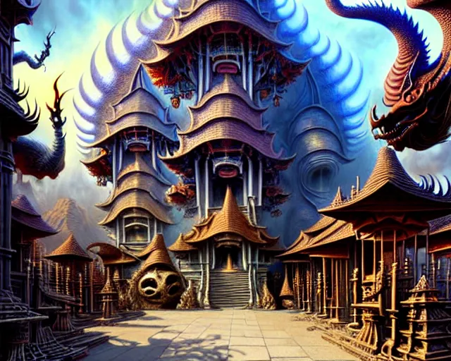 Prompt: street view of a temple made of dragon skeletons, fantasy landscape made of fractals facing each other, ultra realistic, wide angle, intricate details, the fifth element artifacts, highly detailed by peter mohrbacher, hajime sorayama, wayne barlowe, boris vallejo, aaron horkey, gaston bussiere, craig mullins