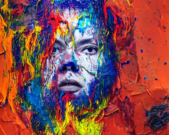 Image similar to abstract expressionist portrait of a head showing strong negative emotions painted with very thick impasto paint and acrylic pour and coloured powder explosion and splashing paint and dripping paint and flying paint chunks, motion blur, hyperrealistic, intricate art photography, anatomically correct, realistic crisp textures, 1 6 k