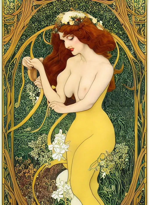 Image similar to masterpiece beautiful seductive flowing curves pinup pose preraphaelite face portrait photography, extreme close up shot, straight bangs, thick set features, yellow ochre ornate medieval dress, kay nielsen, amongst foliage mushroom forest circle arch, william morris and kilian eng and mucha, framed, 4 k