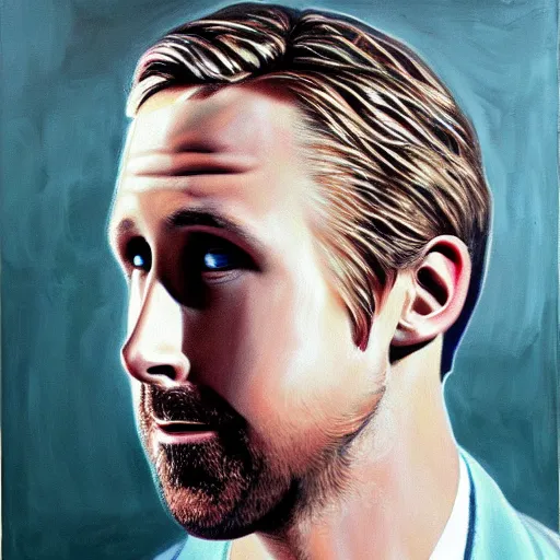 Prompt: ryan gosling portrait in detail in oil using block colour by james jean,