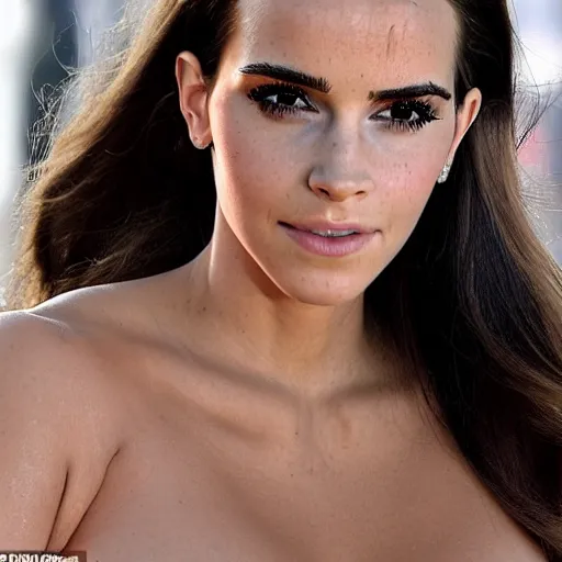 Image similar to a woman who is a genetic combination of kim kardashian and emma watson face and upper - body focus