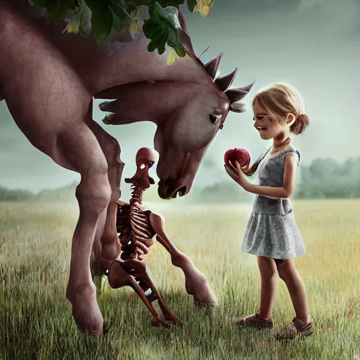 Image similar to a portrait of a little girl feeding an apple to a skeleton horse, the girl looks happy and have bright eyes and a porcelain face, matte painting 3 d watercolour rendering,
