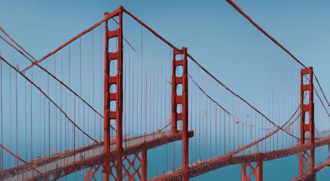Image similar to Golden Gate Bridge , painting overlay by beeple by Raffaello Sanzi and Chao Teng Zhao, centered,pixar and dremwork artstation, smooth, sharp focus, octane render, 3d rim light