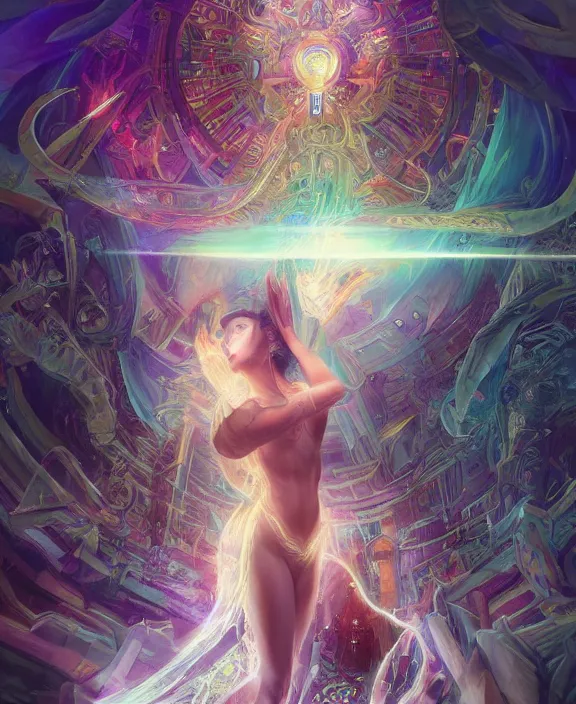 Image similar to a whirlwind of souls rushing inside the metaverse, half body, glowin eyes, tiara with sapphire, pharaoh, android, cyberpunk, d & d, fantasy, intricate, elegant, highly detailed, colorful, vivid color, digital painting, artstation, concept art, art by artgerm and greg rutkowski and alphonse mucha and ruan jia