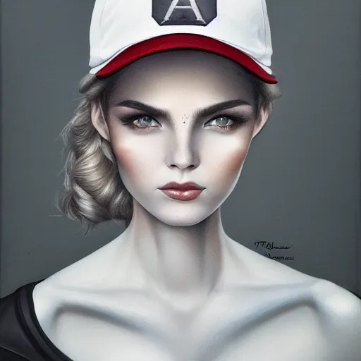 Image similar to tom bagshaw portrait, beautiful portrait of a woman with angel eyes in a suit, hair under a baseball cap, professionally retouched, focus eyes, ultra realistic soft painting, insanely detailed linework, symmetrical accurate intricate features, behance, 8 k