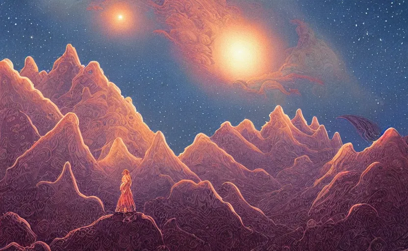 Prompt: mountains, stars and paisley filled sky, artstation, intricate, highly detailed, digital painting, concept art, sharp focus, illustration by Michael Whelan and Benjamin Lacombe