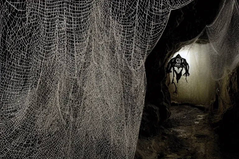 Image similar to portrait of a dusty armored skeleton covered in webs in a cave By Emmanuel Lubezki