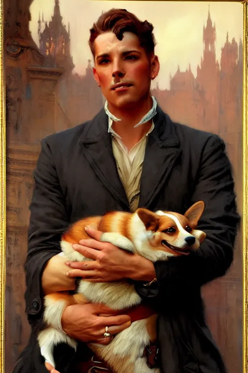 Image similar to attractive man holding a corgi matte painting by gaston bussiere, craig mullins, j. c. leyendecker, tom of finland