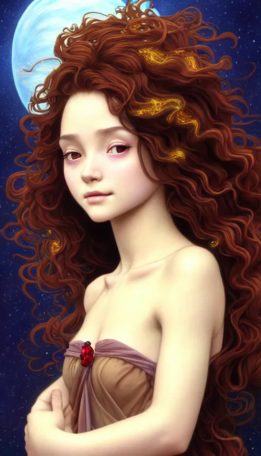 Image similar to a beautiful young girl, goddess of darkness surrounded by lava cliffs and rubies, with long curly hair, perfectly proportioned face, brown eyes, sweet smile, strong jawline,, natural lighting, path traced, highly detailed, high quality, cartoon, digital painting, by new haicheng and h. r. giger and studio ghibli and alphonse mucha