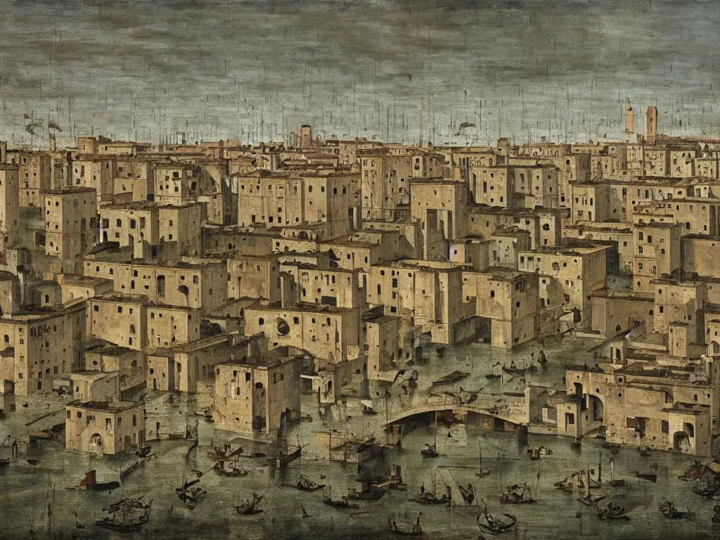 Image similar to Brutalist deserted absurd water city. Torrential rain. Painting by Bernardo Bellotto, Piero della Francesca