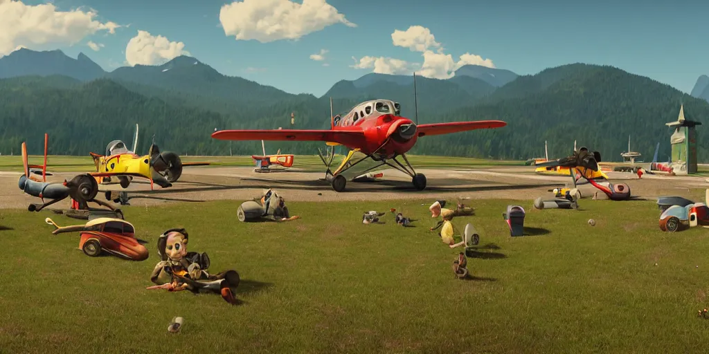 Prompt: a ultra photorealistic and sharp film still of an a sunny and colourful airfield in 1 9 1 6 in the middle of the bavarian alps, germany. parking and flying airplanes, wide shot, frog perspective, wes anderson, studio ghibli, pixar and disney animation, octane render, anime key art by greg rutkowski, dramatic lighting, award winning photography