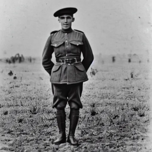 Image similar to a rabbit wearing a ww1 uniform posing in no man's land, black and white grainy photograph