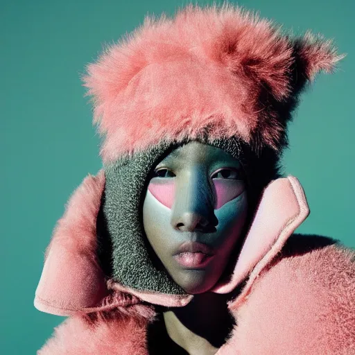 Image similar to realistic photoshooting for a new issey miyake lookbook, color film photography, portrait of a beautiful woman, model is wearing a puffer mask, in style of tyler mitchell, 3 5 mm,