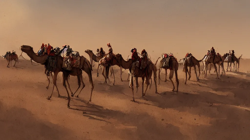 Image similar to view of arabian merchants riding camels in the desert, watercolored, jakub rozalski, dark colours, dieselpunk, artstation