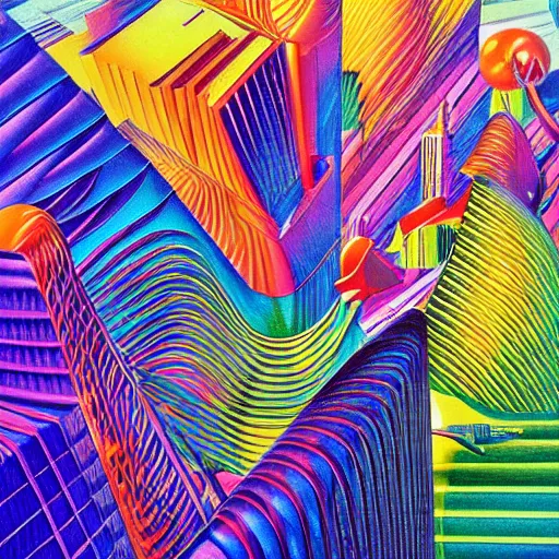 Prompt: bird city hyper realism vibrant colors by alex grey, arthur adams, frank gehry, syd mead