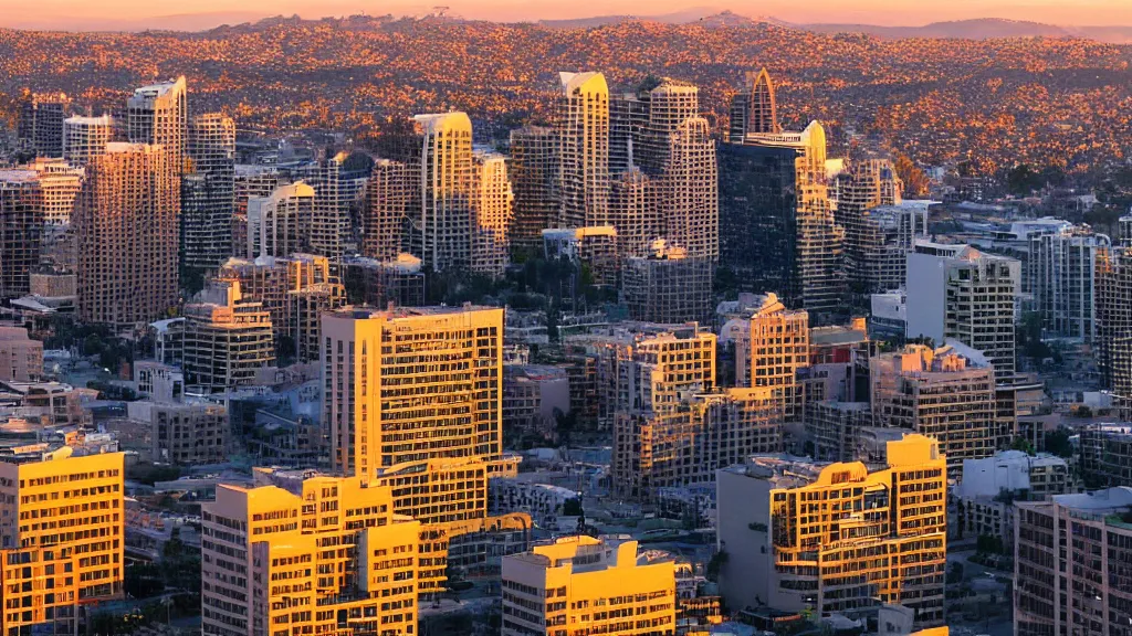 Prompt: a beautiful photo of downtown San Diego at sunset