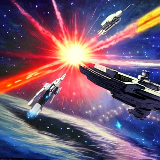 Prompt: science - fiction space battleship in combat, laser beams, explosions, space, planets, painting