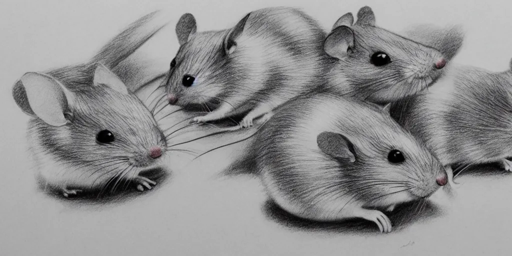 Image similar to a beautiful pencil drawing of five cartoon mice; masterpiece; extremely highly detailed; ultra realistic; trending on artstation