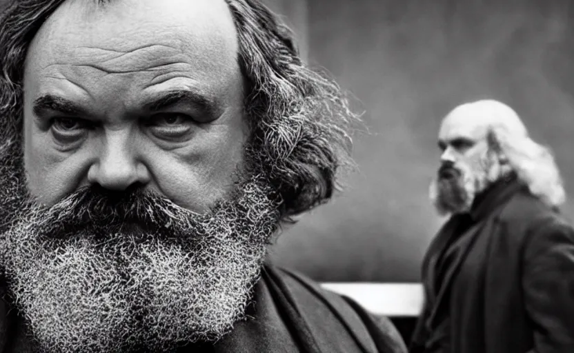 Image similar to Jack Black as Karl Marx in 'Marx' (2018), movie still frame, oscar nominated cinematography, volumetric lighting, 8k resolution