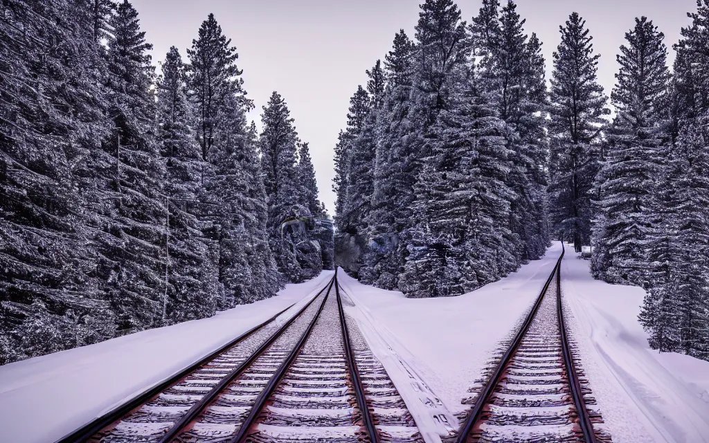 Image similar to perspective looking down a long train track in the snow in winter with calm snow falling, pine trees line the train tracks on either side, desolate and calm winter landscape scene looking down train tracks into the horizon, faint sun setting orange and pinks and purples in the grey snow glistening, 4 k photorender realityengine hyperdetailed vivid