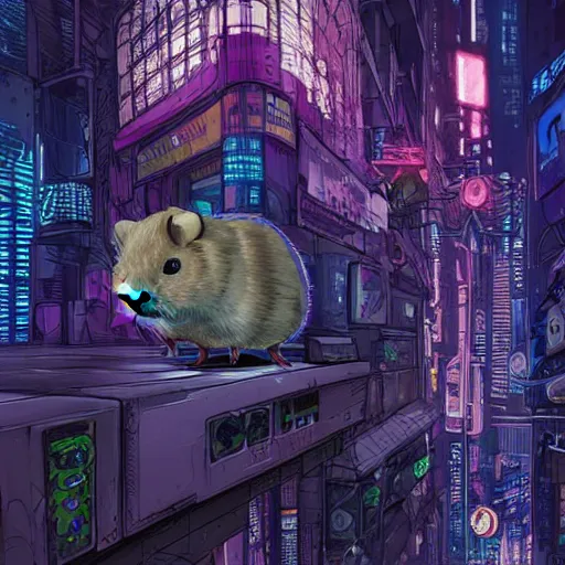 Prompt: high detailed anthropomorphic hamster in a cyberpunk rainy city at night by josan gonzalez, purple and blue neons, unreal engine, high quality, 4 k, uhd, trending on artstation, wires, blade runner vibes, ghost in the shell, akira, dorohedoro