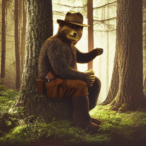 Image similar to UHD canndid photo of Smokey The Bear in the woods, sitting on the potty, by Annie leibowitz, photorealisitc, extremely detailed