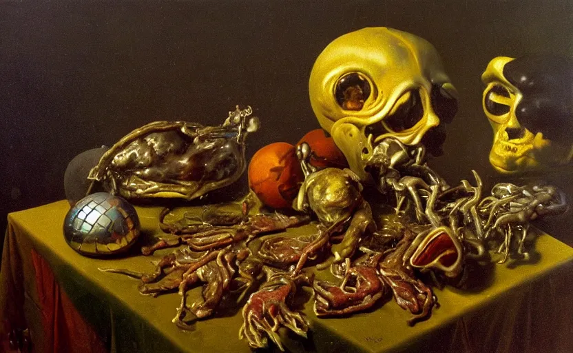 Image similar to disturbing colorful oil painting dutch golden age vanitas still life sparse composition with bizarre objects strange gooey transparent surfaces shiny metal reflections bizarre mutant meat insects rachel ruysch dali todd schorr very detailed perfect composition rule of thirds masterpiece canon 5 0 mm, cinematic lighting, photography, retro, film, kodachrome