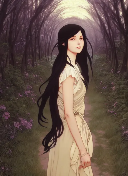 Image similar to pretty young woman with long black hair walking in the darkness, path traced, highly detailed, high quality, digital painting, by studio ghibli and alphonse mucha, leesha hannigan, makoto shinkai, disney