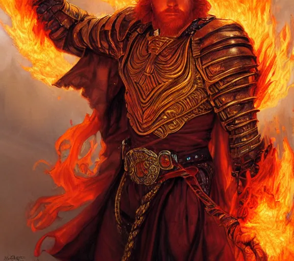 Image similar to The Fire King, beautiful young ginger man, fire, flames, dramatic, hyperdetailed | donato giancola, ralph horsley, Artem Demura | waist-up portrait | dungeons and dragons