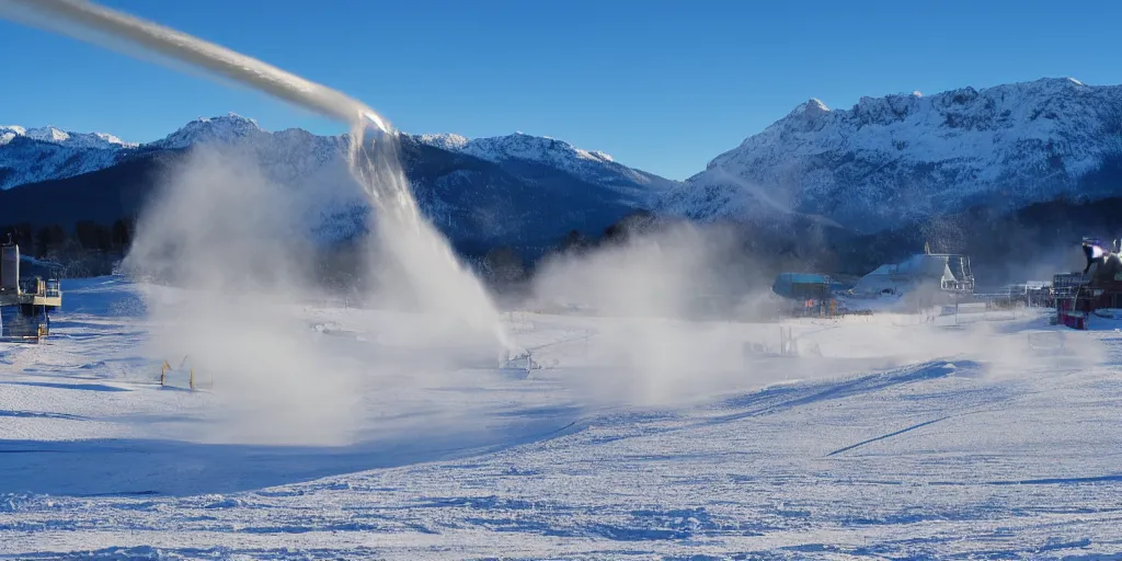 Prompt: snowgun, snowmaking, mountains at background, clear weather, 4 k,