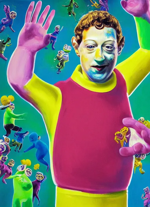 Prompt: Mark Zuckerberg looks anxious dressed as a Teletubbies, hyperfeminine, oil on canvas painting from rococo era Mark Zuckerberg portrait, Mattel product, vintage advertisement CMYK coloured lithography in the style of Bjork, in the style of David O\'Reilly, directed by David Cronenberg, weirdcore cursed POV hidden