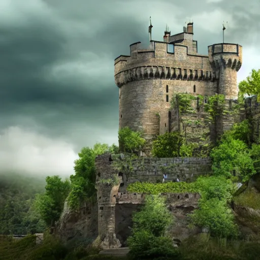 Prompt: a photo of a castle covered by nature, photorealistic